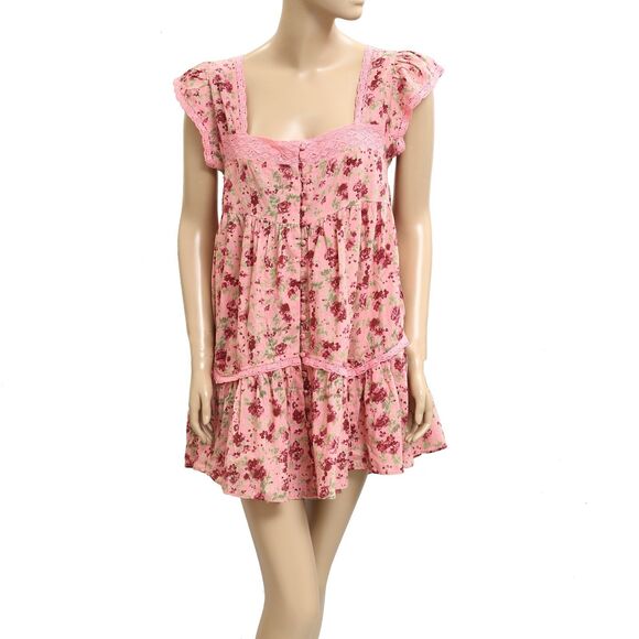 Free people Alessia Print Mini Dress Floral Flutter Sleeve Lace Cotton S 283601 - Picture 4 of 8